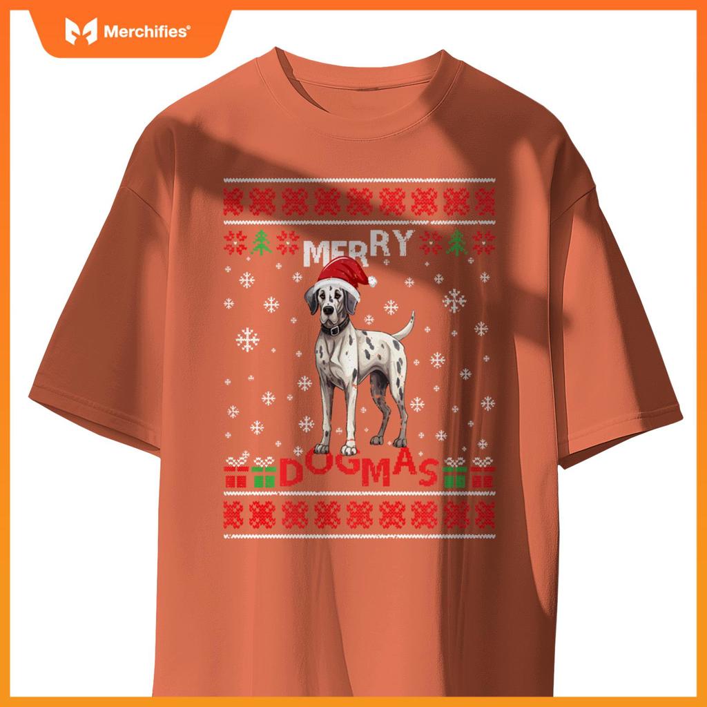 Ugly Funny Merry Dogmas Great Dane Xmas Dog Santa Hat Lights T-Shirt