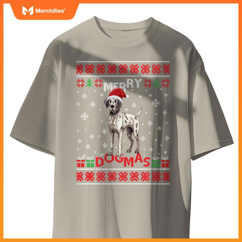 Ugly Funny Merry Dogmas Great Dane Xmas Dog Santa Hat Lights T-Shirt