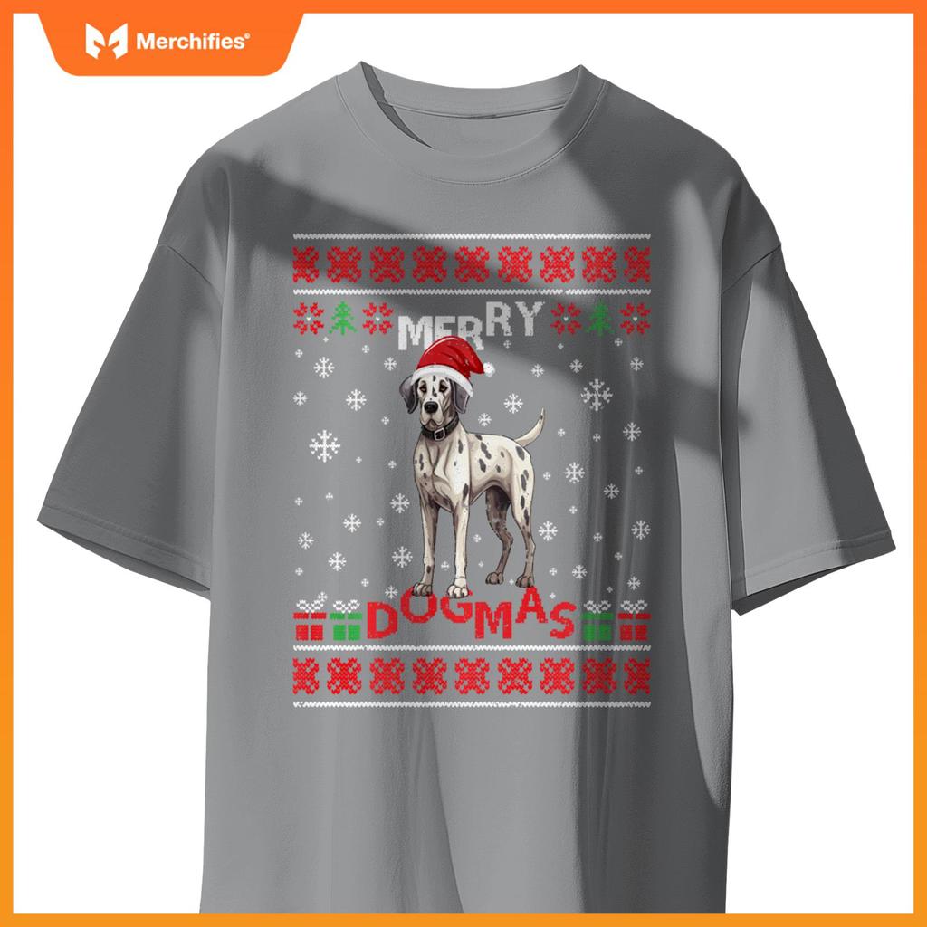 Ugly Funny Merry Dogmas Great Dane Xmas Dog Santa Hat Lights T-Shirt
