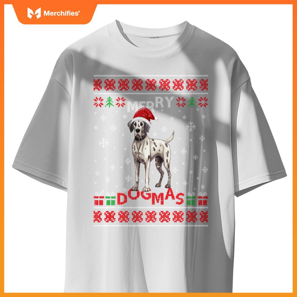 Ugly Funny Merry Dogmas Great Dane Xmas Dog Santa Hat Lights T-Shirt