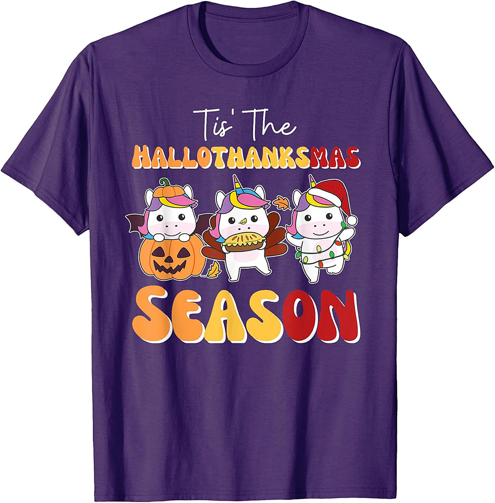 Unicorn Christmas Halloween Tis' The Hallothanksmas Season T-Shirt