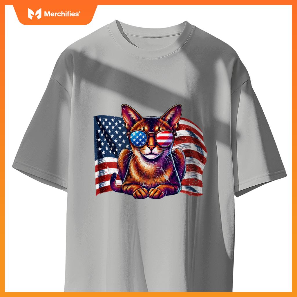 Vintage Abyssinian Cat USA Flag Sunglasses Patriotic Pets T-Shirt