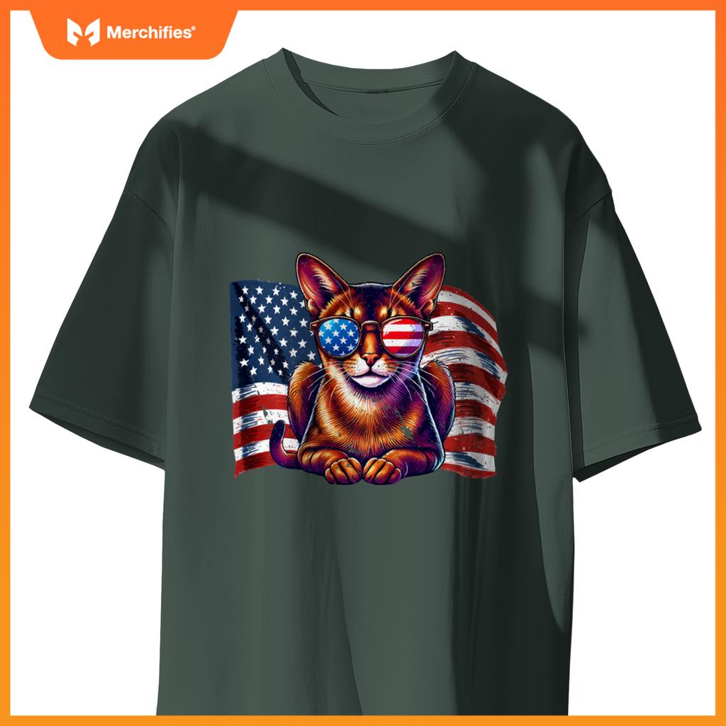 Vintage Abyssinian Cat USA Flag Sunglasses Patriotic Pets T-Shirt