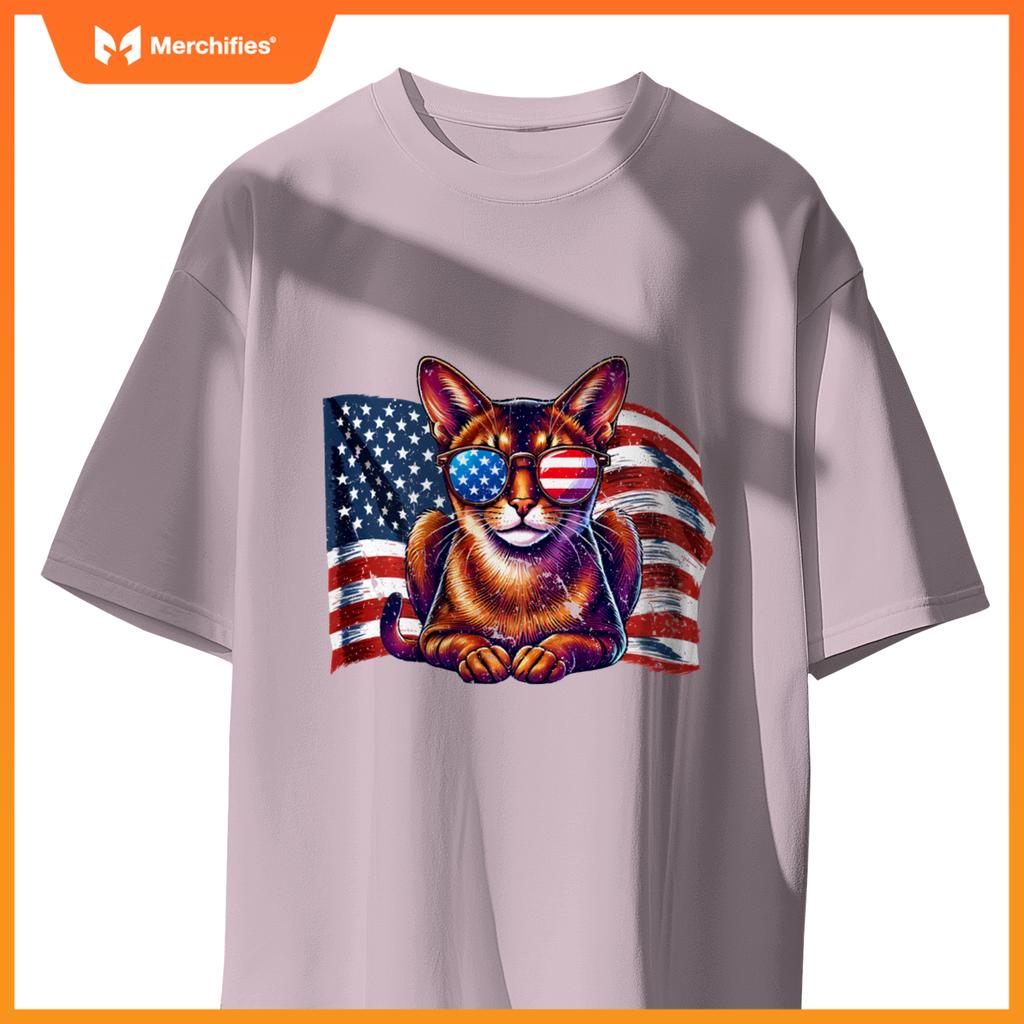 Vintage Abyssinian Cat USA Flag Sunglasses Patriotic Pets T-Shirt