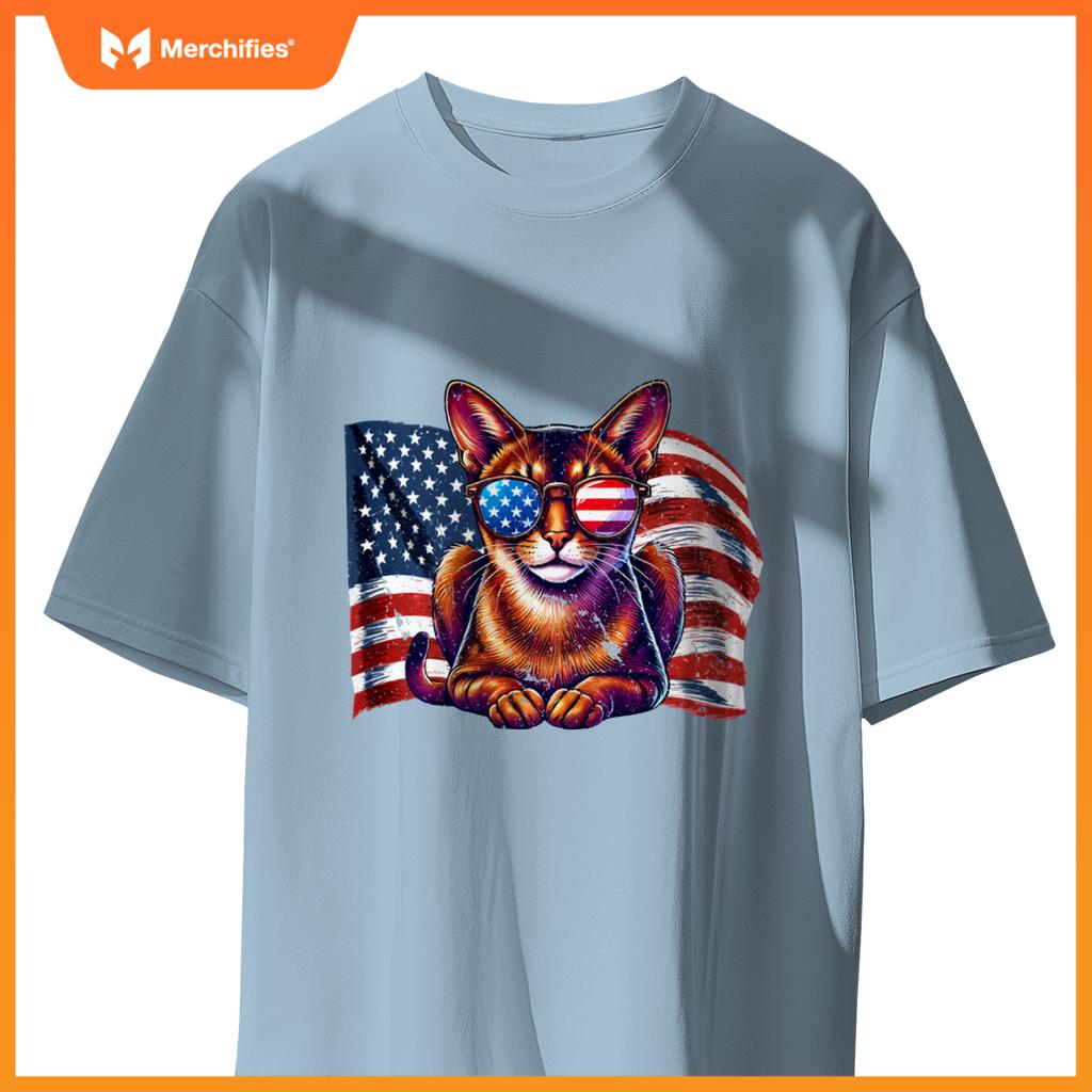 Vintage Abyssinian Cat USA Flag Sunglasses Patriotic Pets T-Shirt