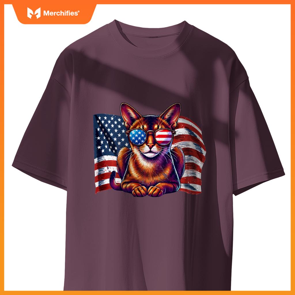 Vintage Abyssinian Cat USA Flag Sunglasses Patriotic Pets T-Shirt