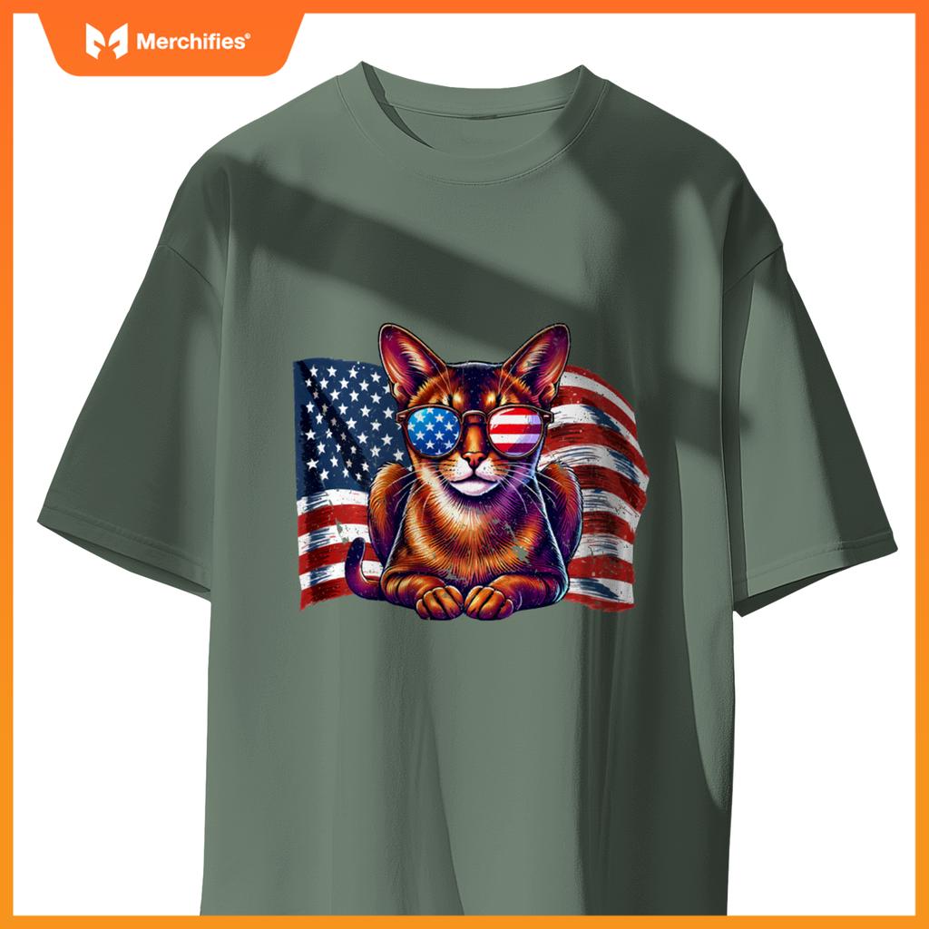 Vintage Abyssinian Cat USA Flag Sunglasses Patriotic Pets T-Shirt