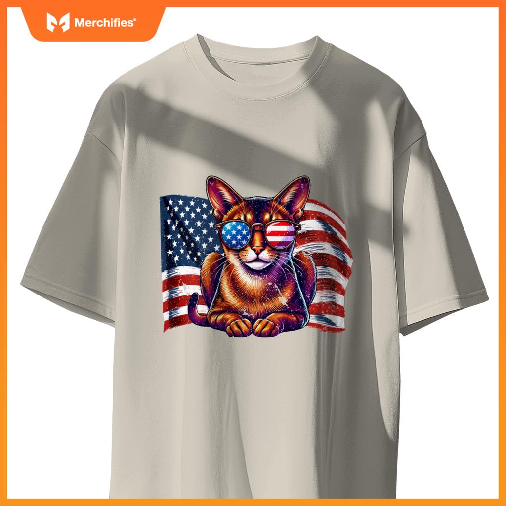 Vintage Abyssinian Cat USA Flag Sunglasses Patriotic Pets T-Shirt