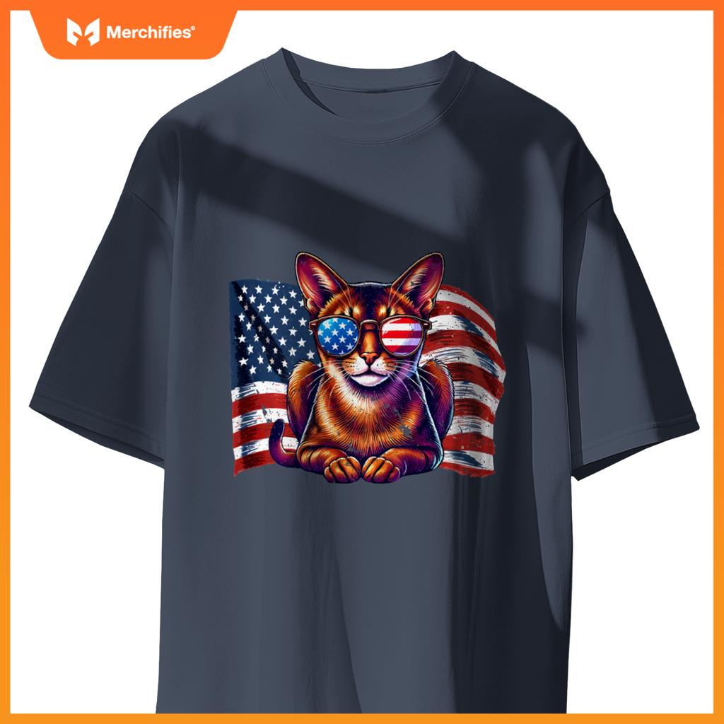 Vintage Abyssinian Cat USA Flag Sunglasses Patriotic Pets T-Shirt