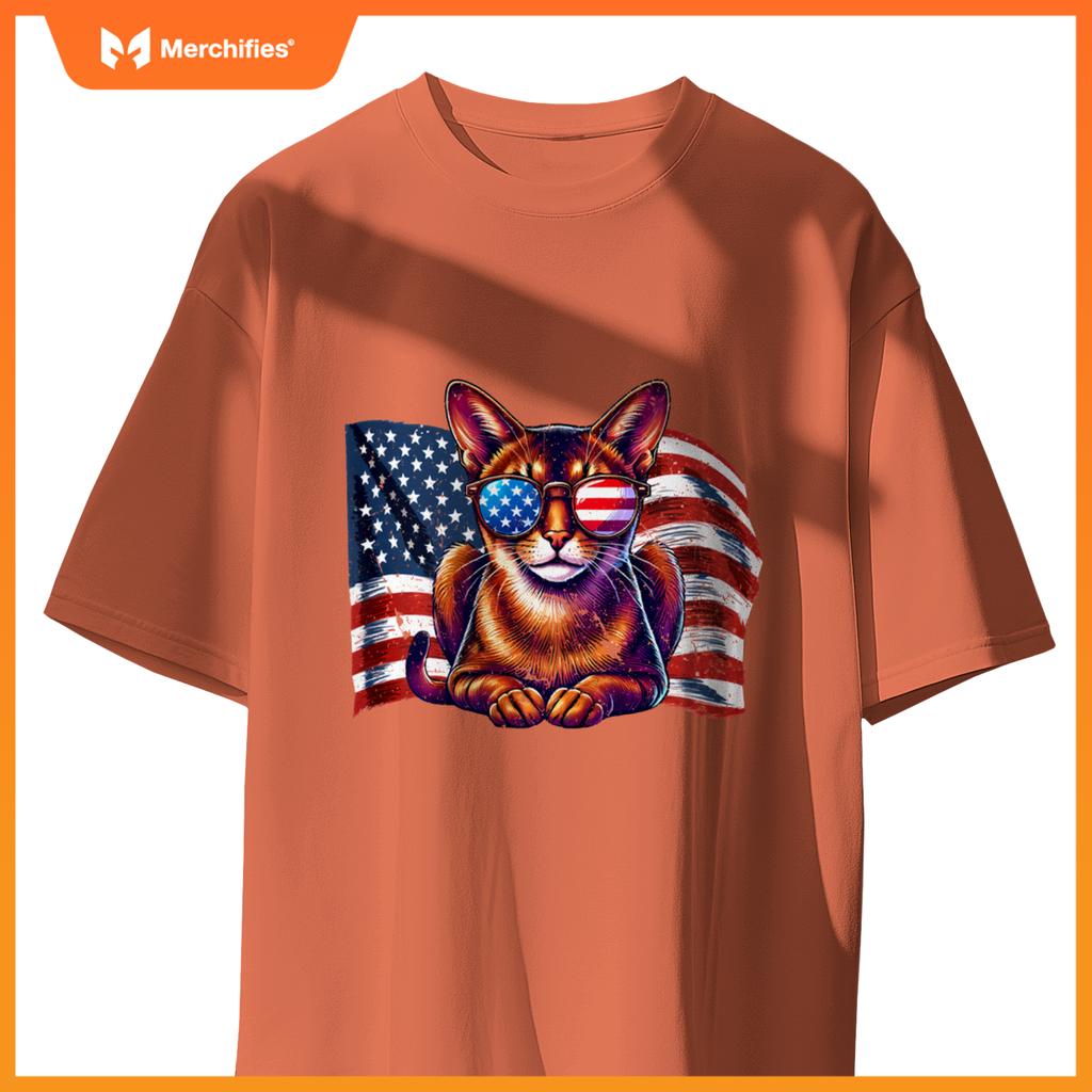 Vintage Abyssinian Cat USA Flag Sunglasses Patriotic Pets T-Shirt