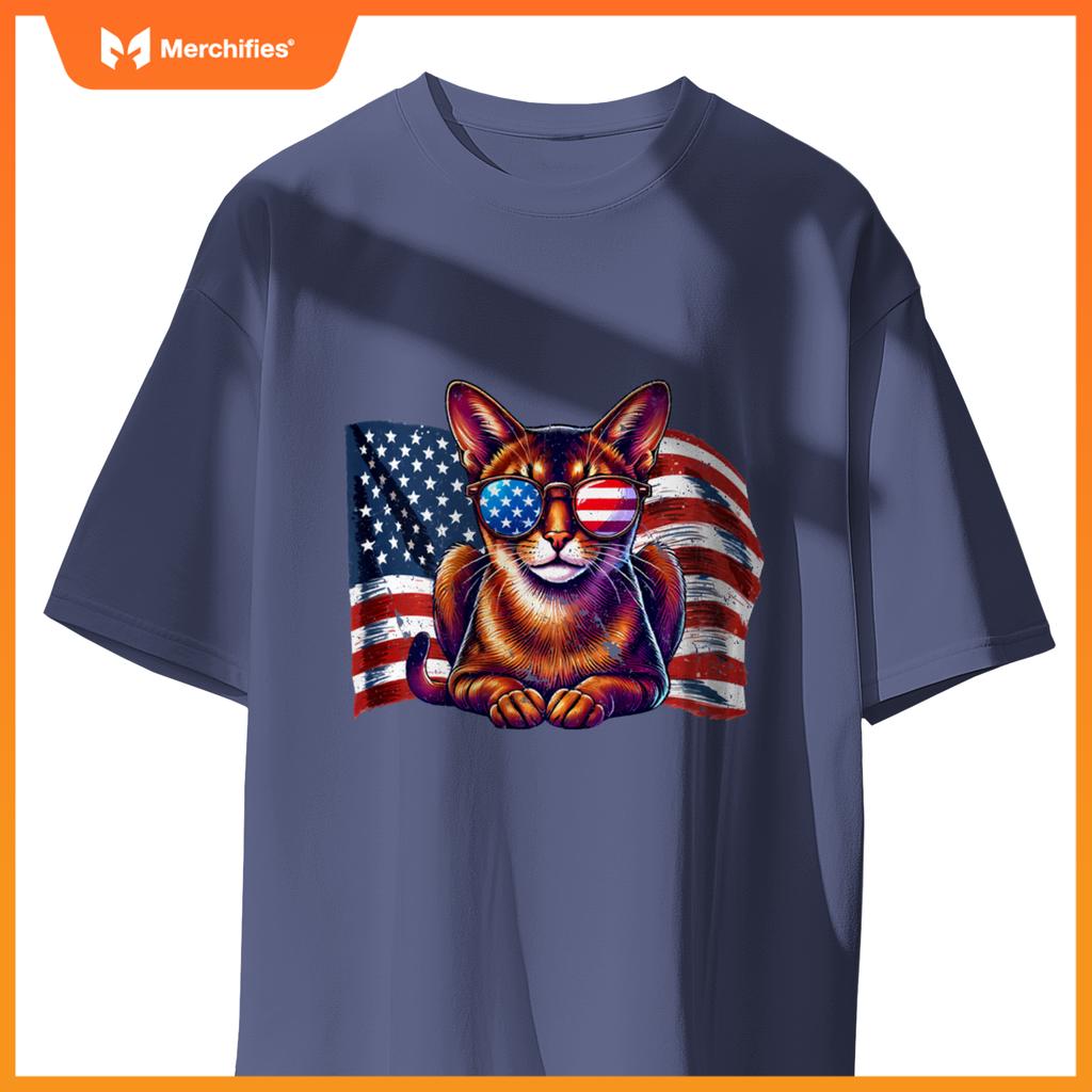 Vintage Abyssinian Cat USA Flag Sunglasses Patriotic Pets T-Shirt