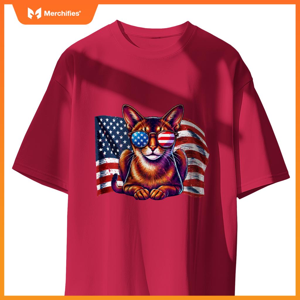 Vintage Abyssinian Cat USA Flag Sunglasses Patriotic Pets T-Shirt