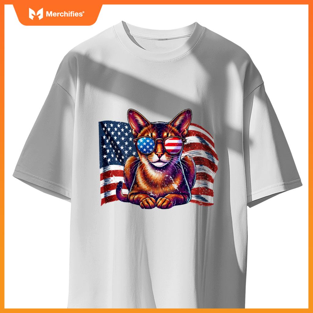 Vintage Abyssinian Cat USA Flag Sunglasses Patriotic Pets T-Shirt