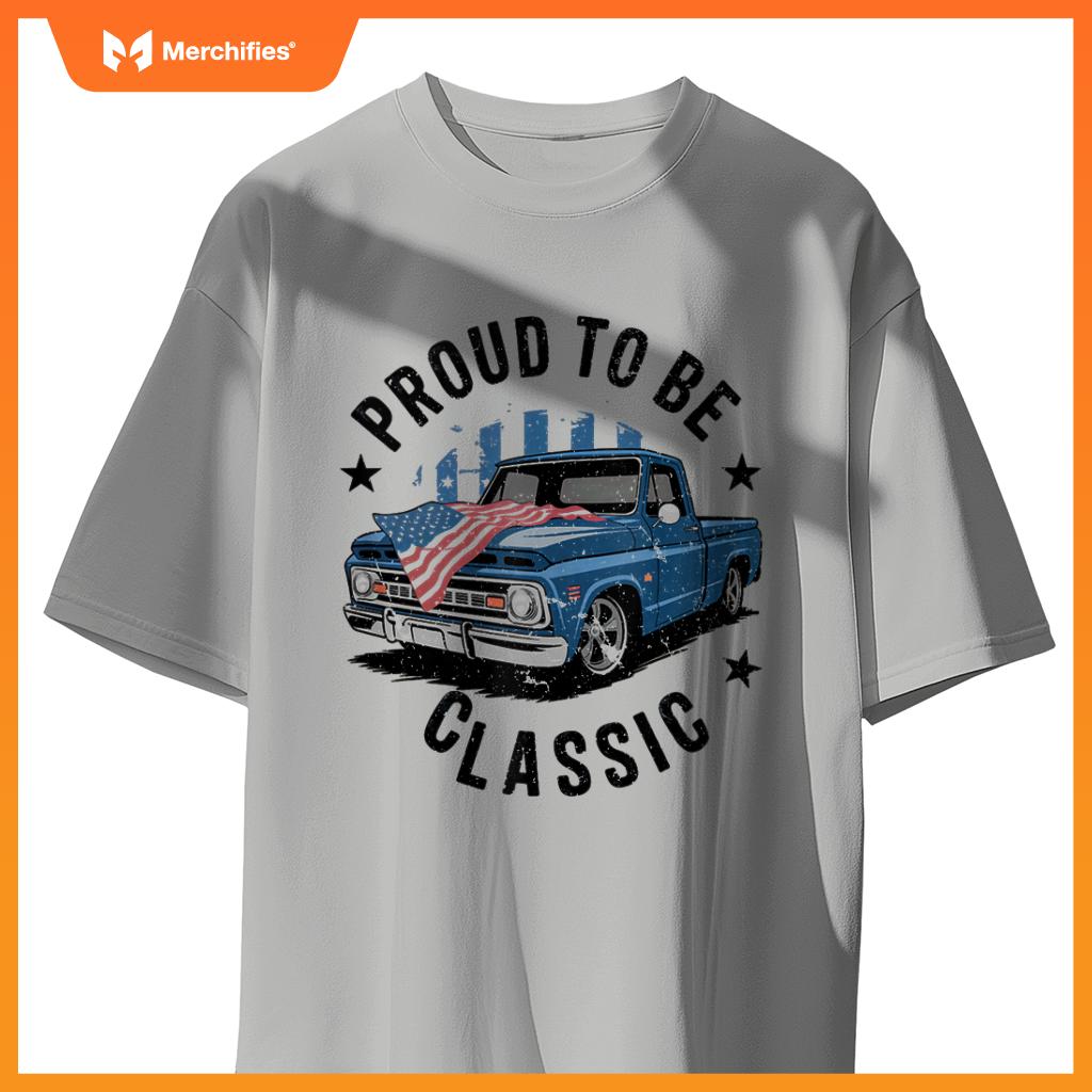Vintage Blue Pickup Truck with Patriotic USA Flag Design T-Shirt