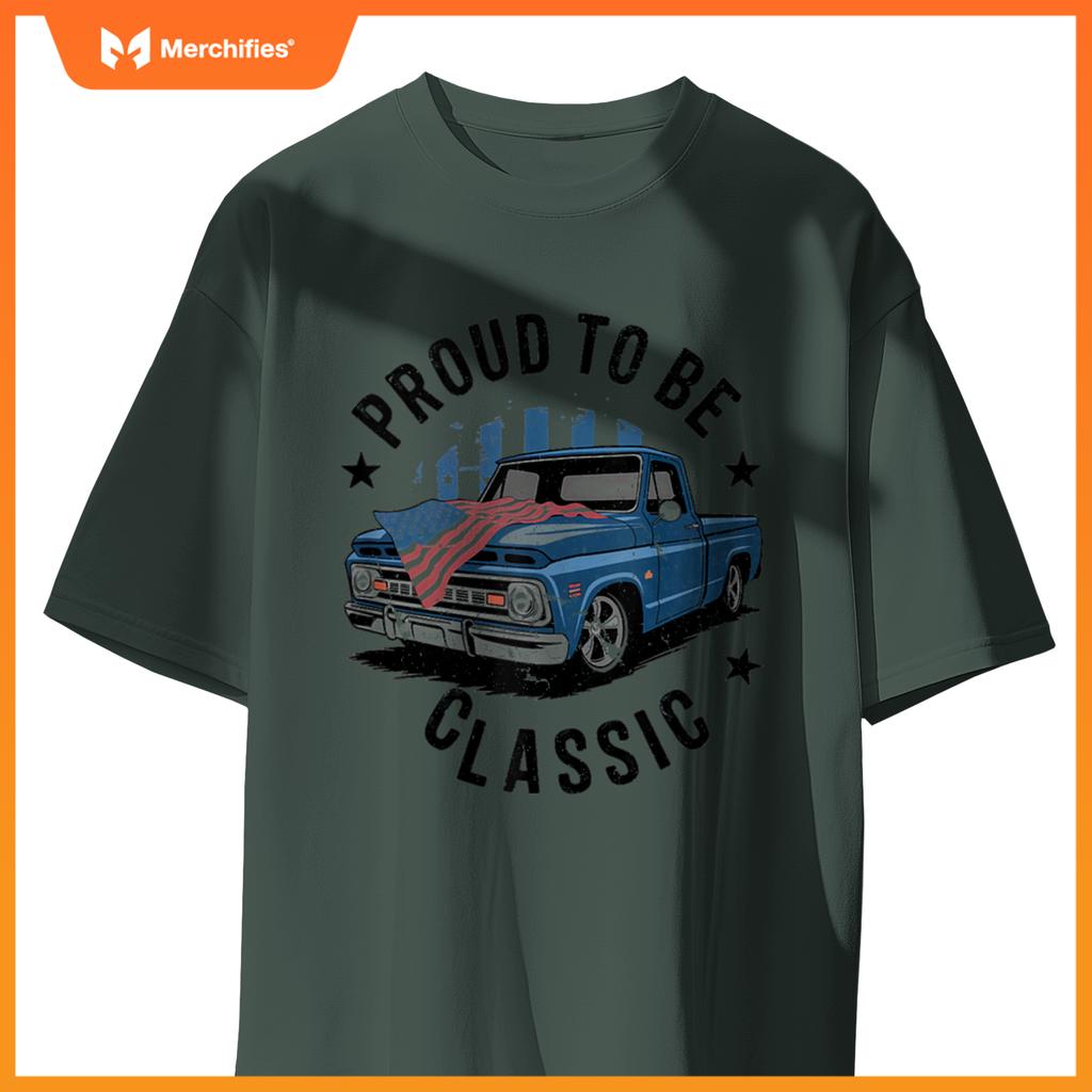 Vintage Blue Pickup Truck with Patriotic USA Flag Design T-Shirt