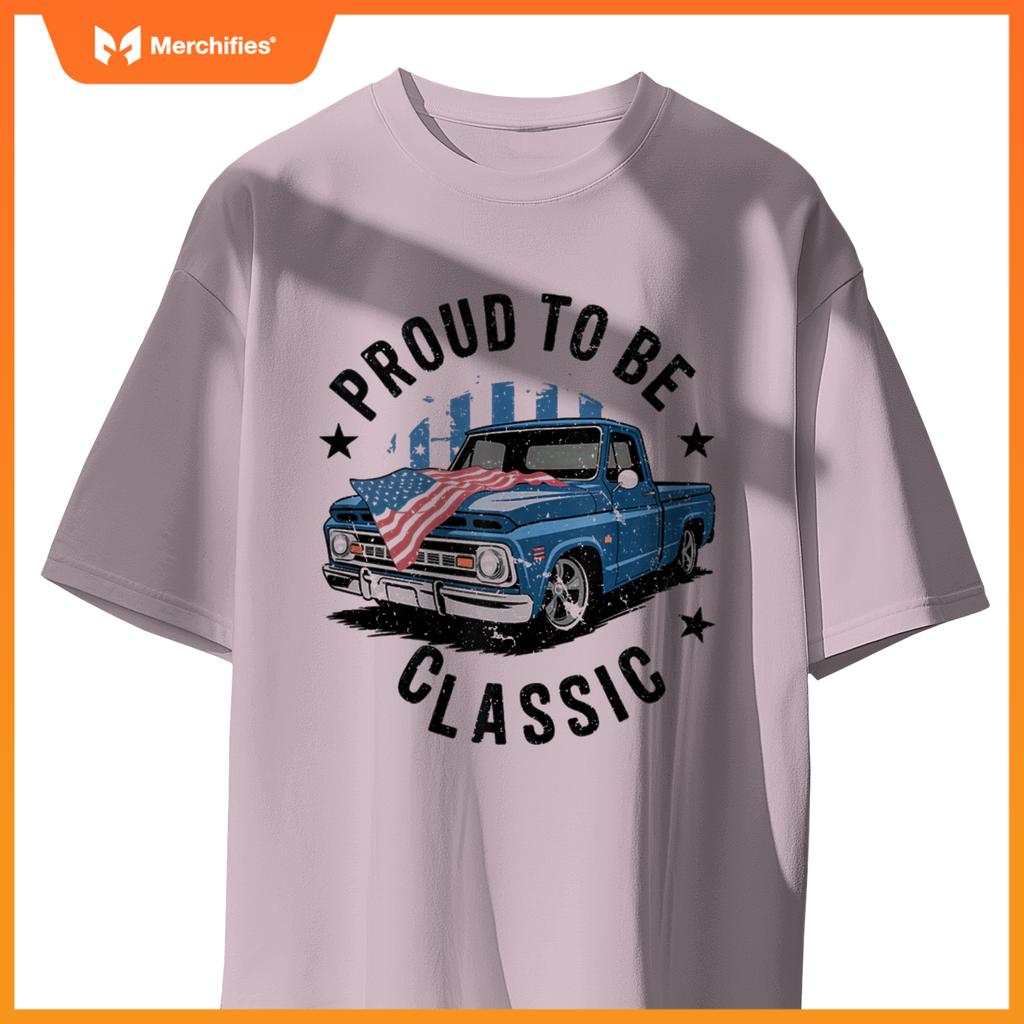 Vintage Blue Pickup Truck with Patriotic USA Flag Design T-Shirt