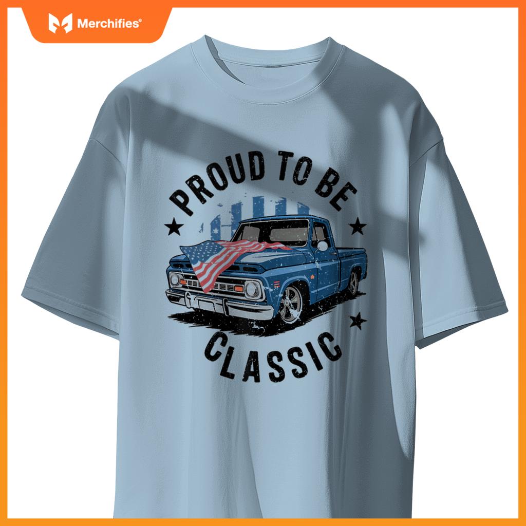 Vintage Blue Pickup Truck with Patriotic USA Flag Design T-Shirt