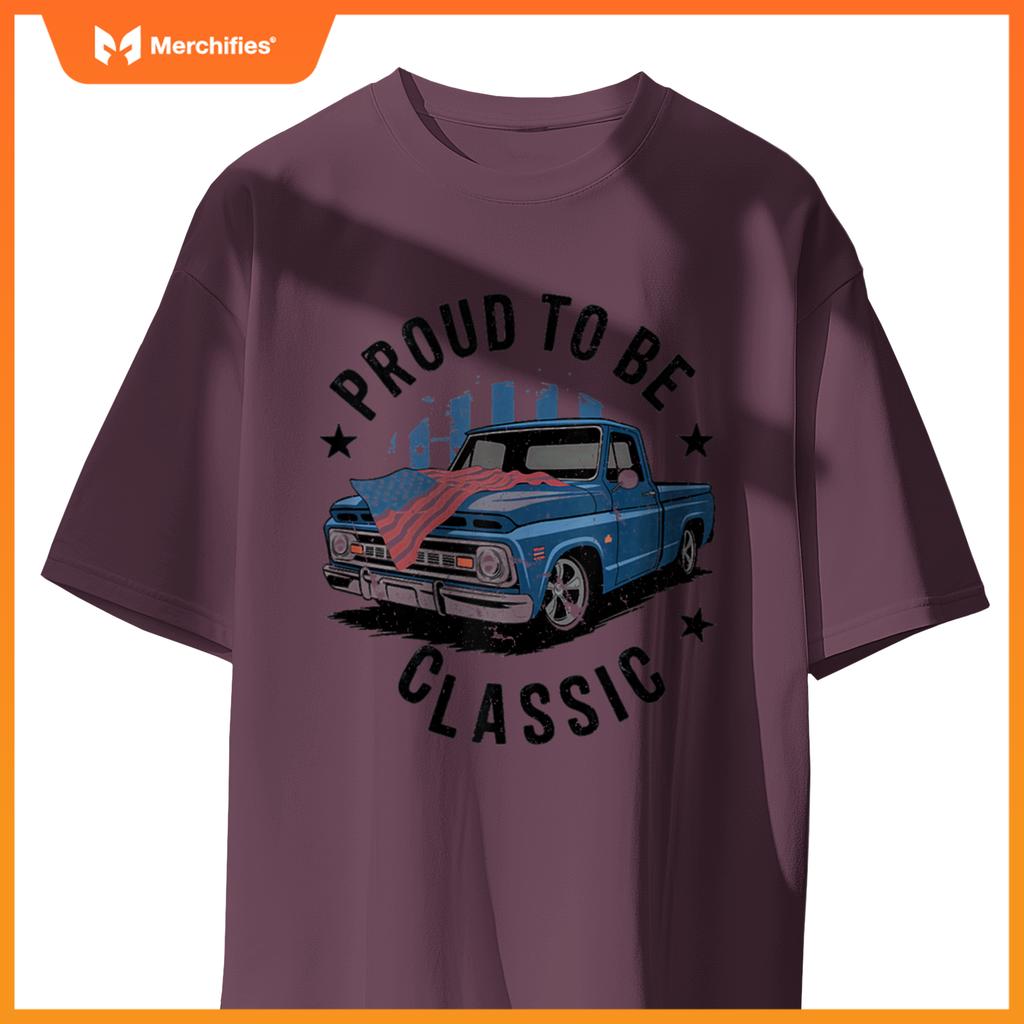 Vintage Blue Pickup Truck with Patriotic USA Flag Design T-Shirt