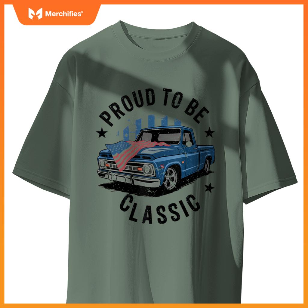 Vintage Blue Pickup Truck with Patriotic USA Flag Design T-Shirt