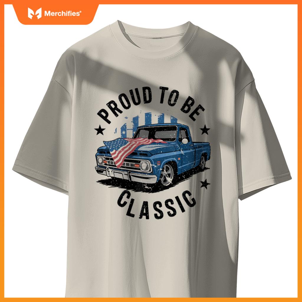 Vintage Blue Pickup Truck with Patriotic USA Flag Design T-Shirt