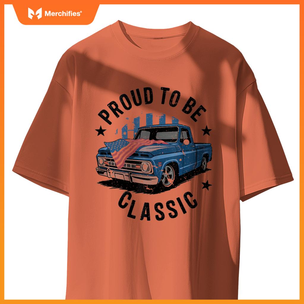 Vintage Blue Pickup Truck with Patriotic USA Flag Design T-Shirt
