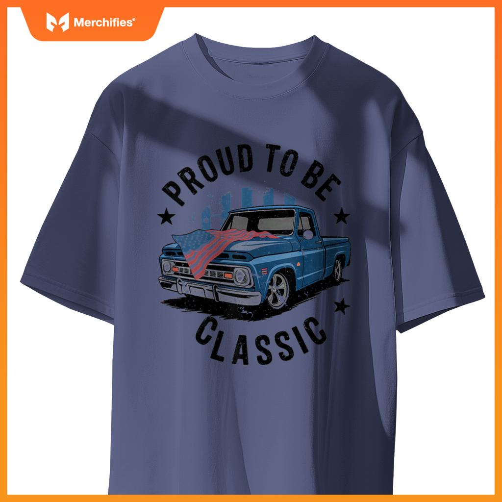Vintage Blue Pickup Truck with Patriotic USA Flag Design T-Shirt