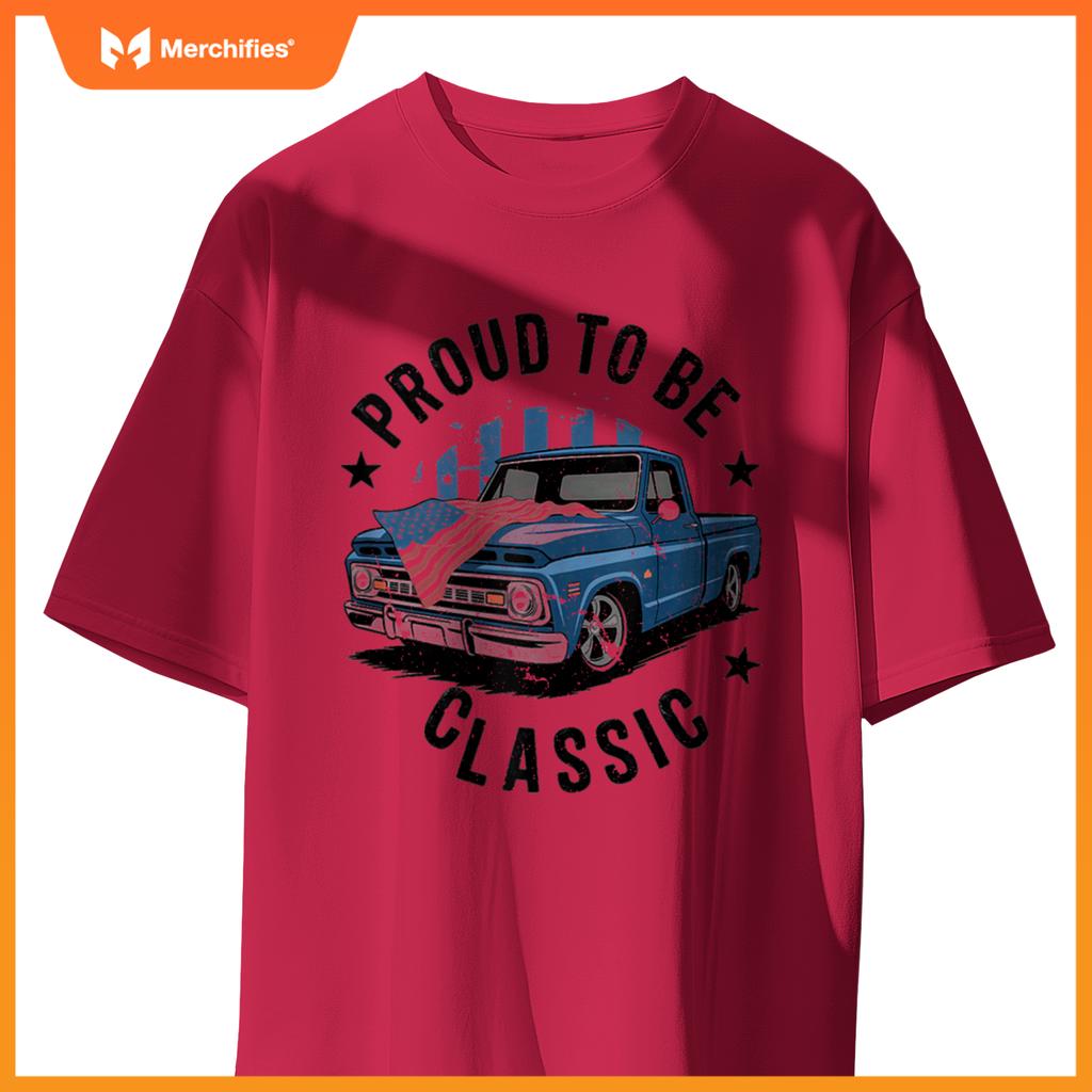 Vintage Blue Pickup Truck with Patriotic USA Flag Design T-Shirt