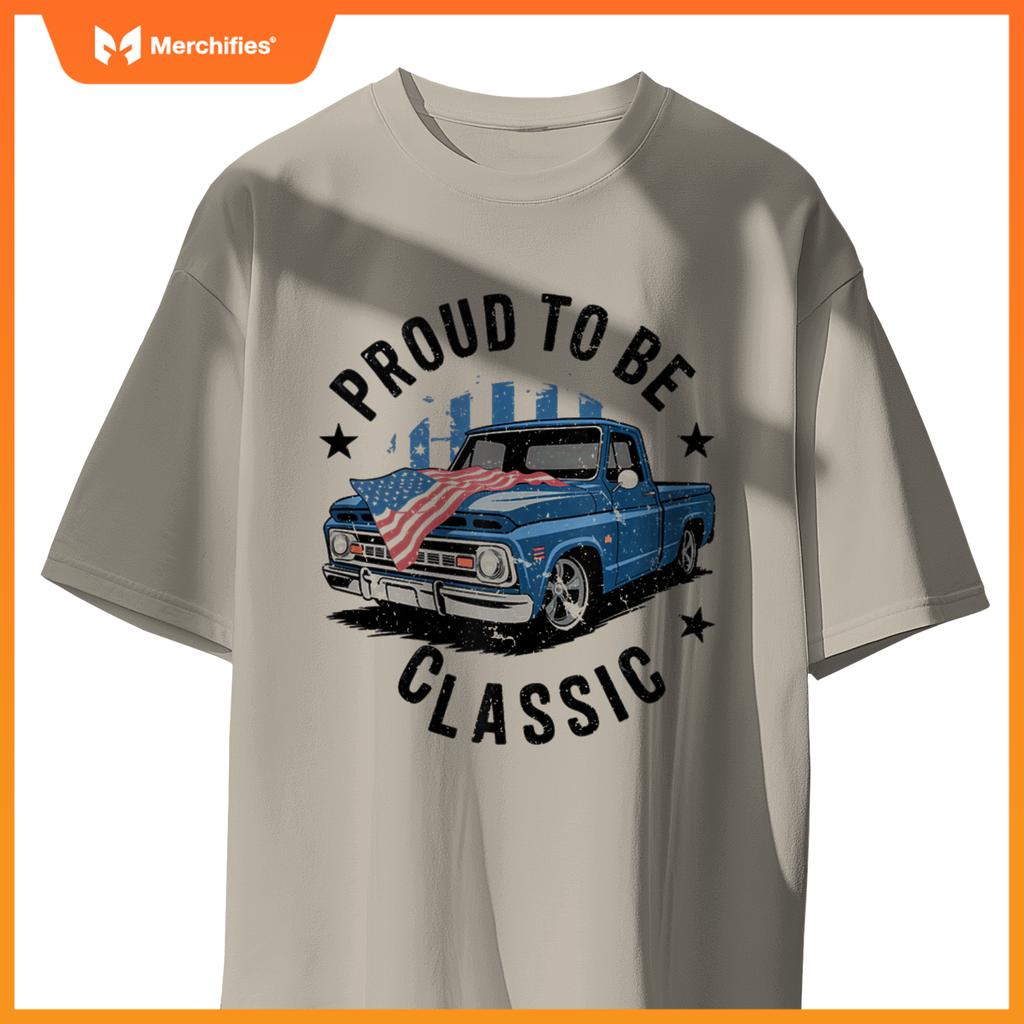 Vintage Blue Pickup Truck with Patriotic USA Flag Design T-Shirt