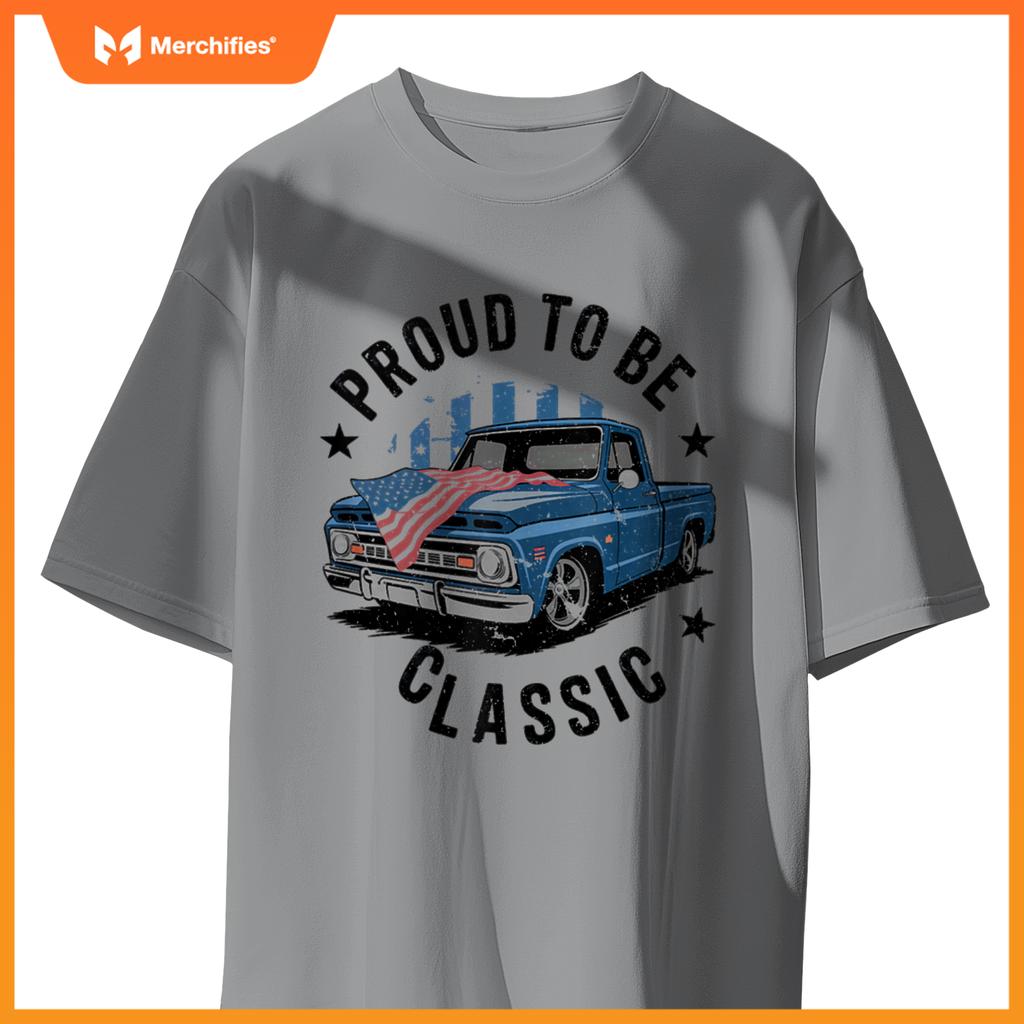 Vintage Blue Pickup Truck with Patriotic USA Flag Design T-Shirt