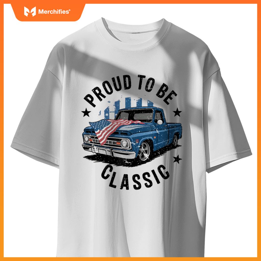 Vintage Blue Pickup Truck with Patriotic USA Flag Design T-Shirt
