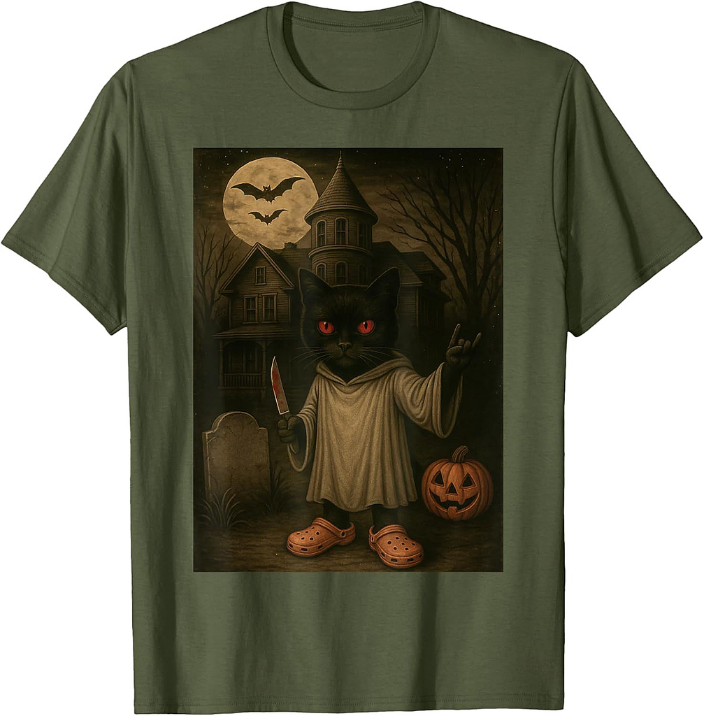 Vintage Ghost Black Cat Spooky Knife Creepy Halloween T-Shirt