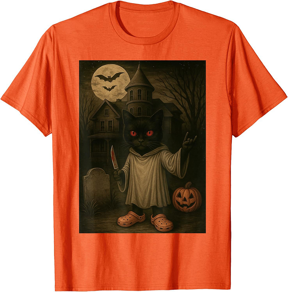 Vintage Ghost Black Cat Spooky Knife Creepy Halloween T-Shirt