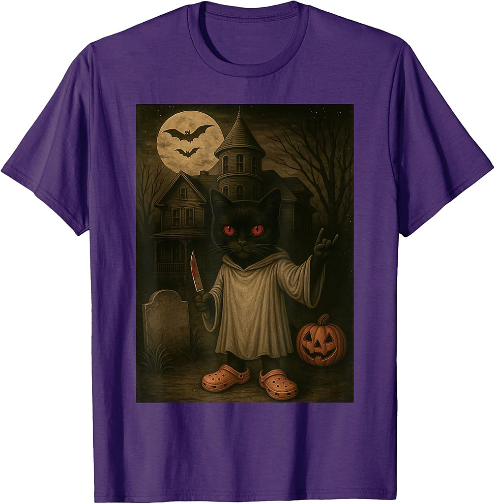 Vintage Ghost Black Cat Spooky Knife Creepy Halloween T-Shirt