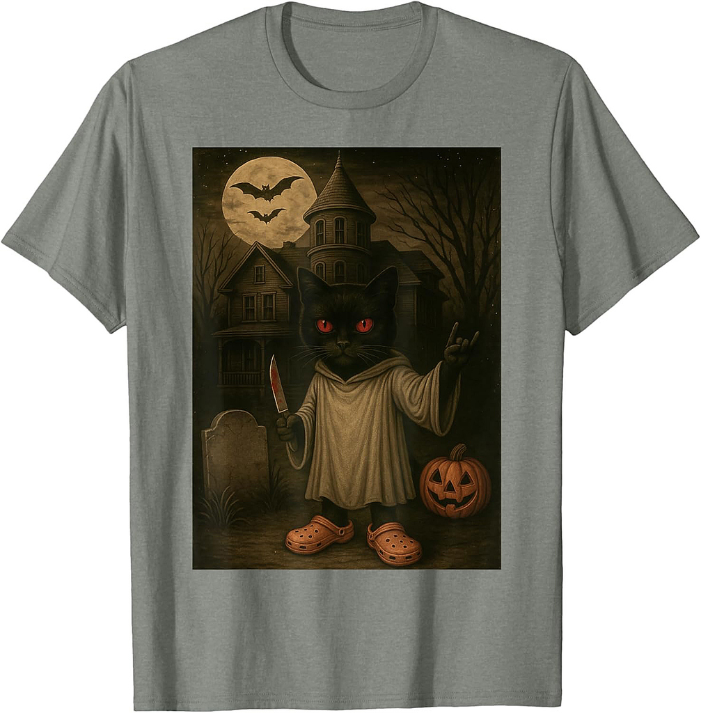 Vintage Ghost Black Cat Spooky Knife Creepy Halloween T-Shirt