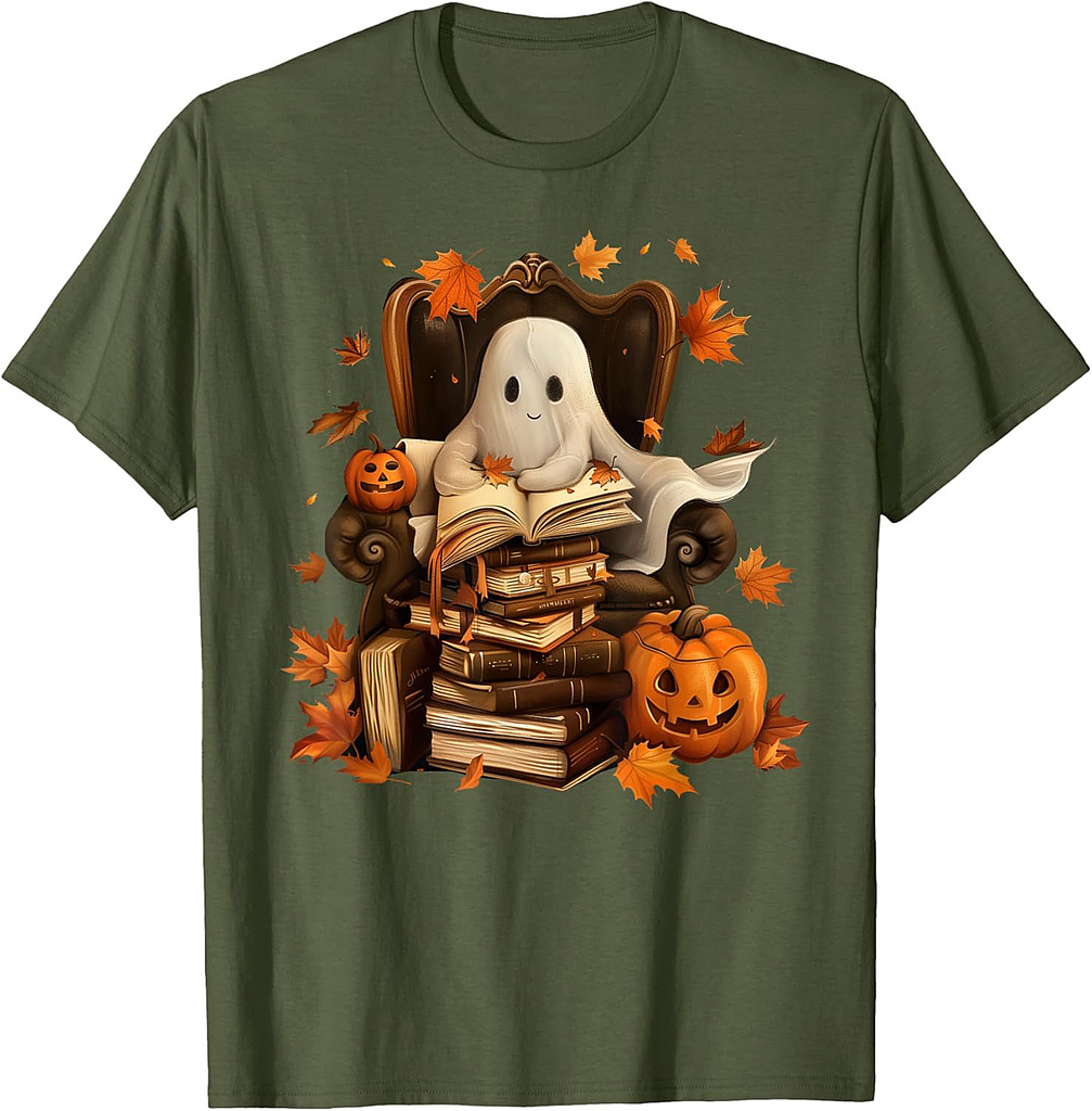 Vintage Ghost Book Reading Pumpkin Gothic Halloween Teachers T-Shirt