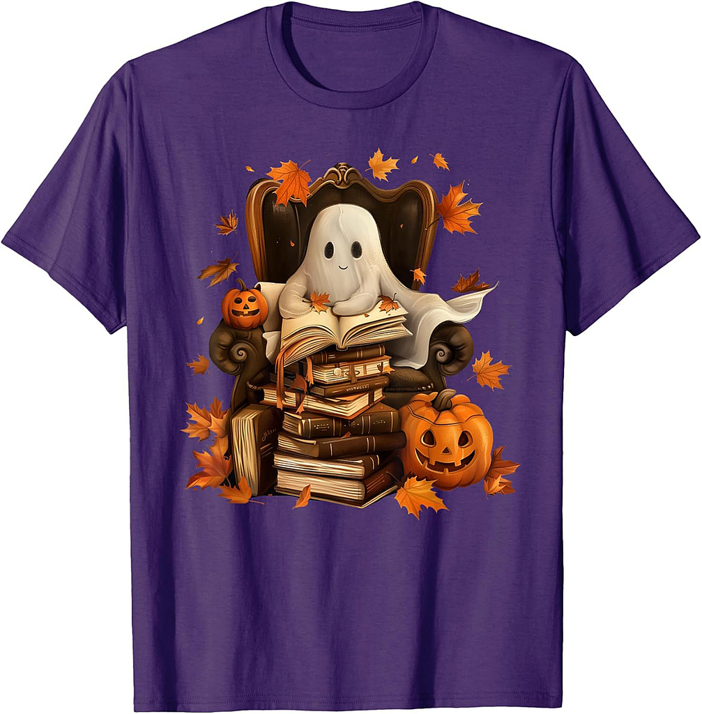 Vintage Ghost Book Reading Pumpkin Gothic Halloween Teachers T-Shirt