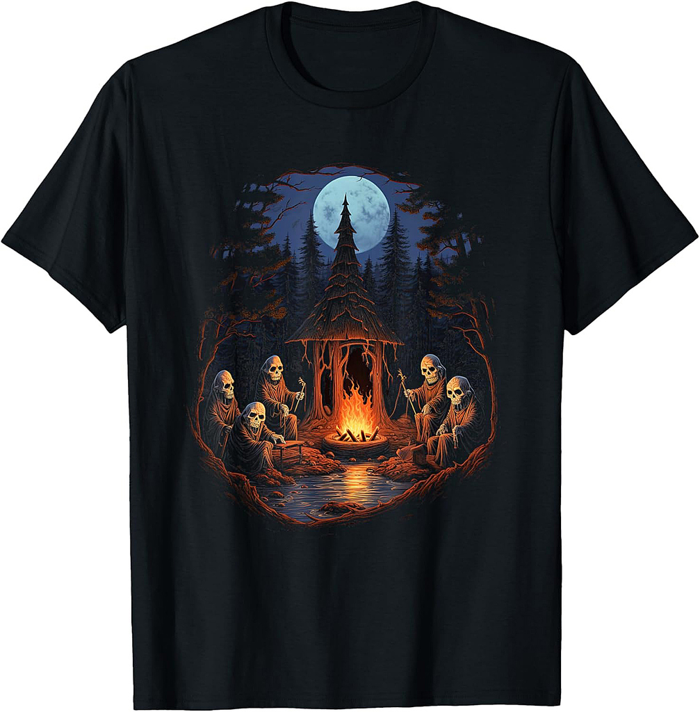 Vintage Ghost and Skeleton by Fire Camping Gothic Halloween T-Shirt