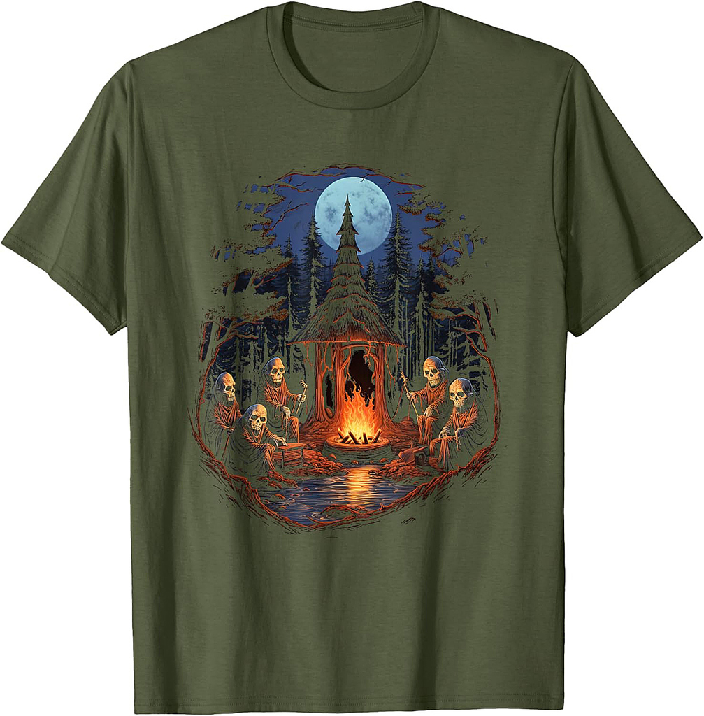 Vintage Ghost and Skeleton by Fire Camping Gothic Halloween T-Shirt