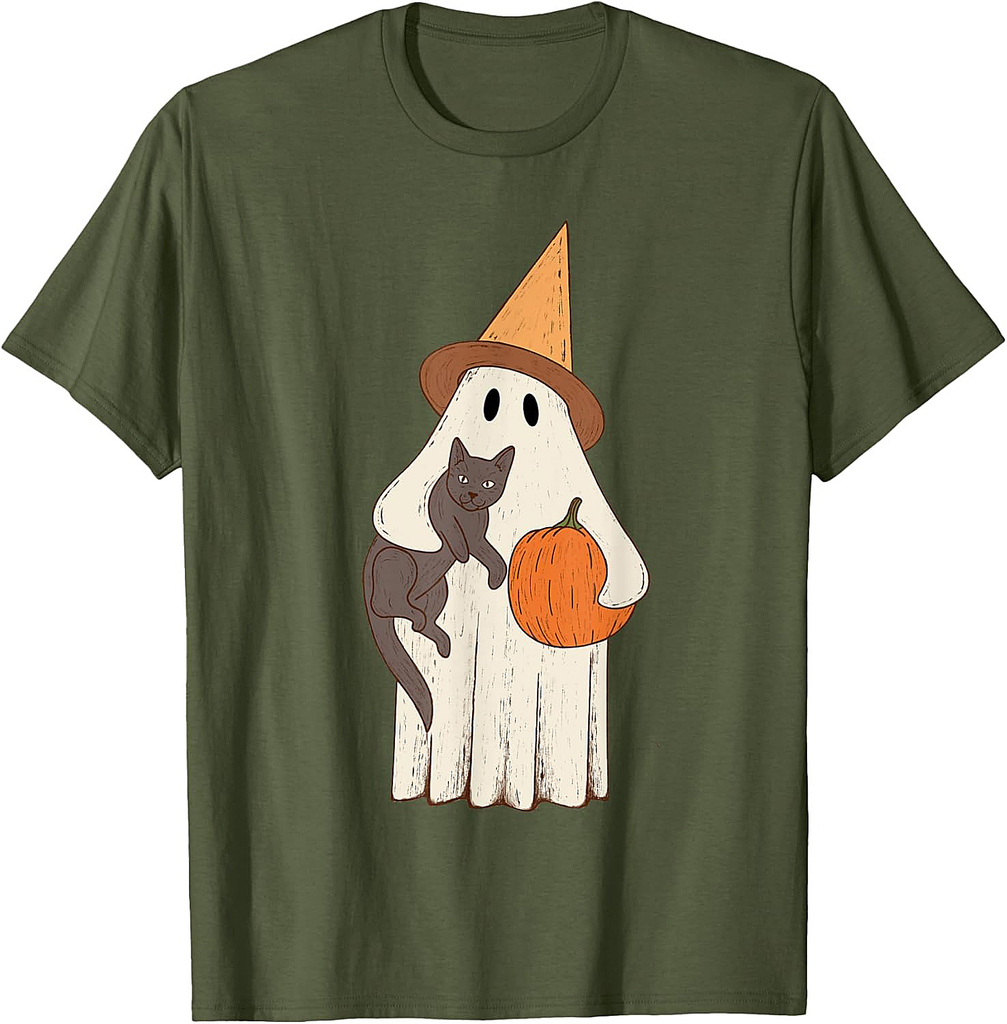 Vintage Ghost with Cat Halloween Graphic T-Shirt