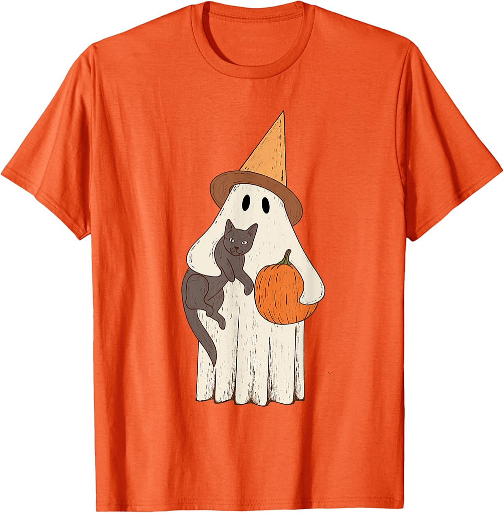 Vintage Ghost with Cat Halloween Graphic T-Shirt