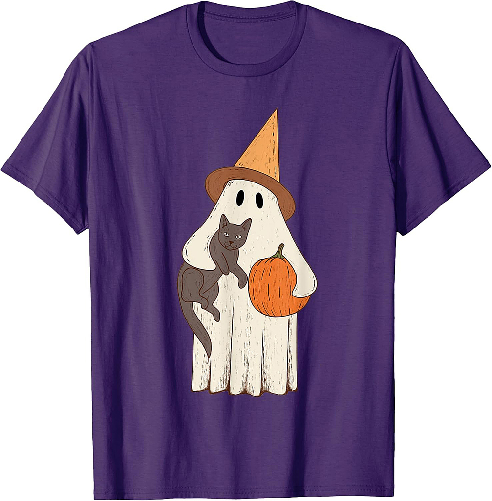 Vintage Ghost with Cat Halloween Graphic T-Shirt
