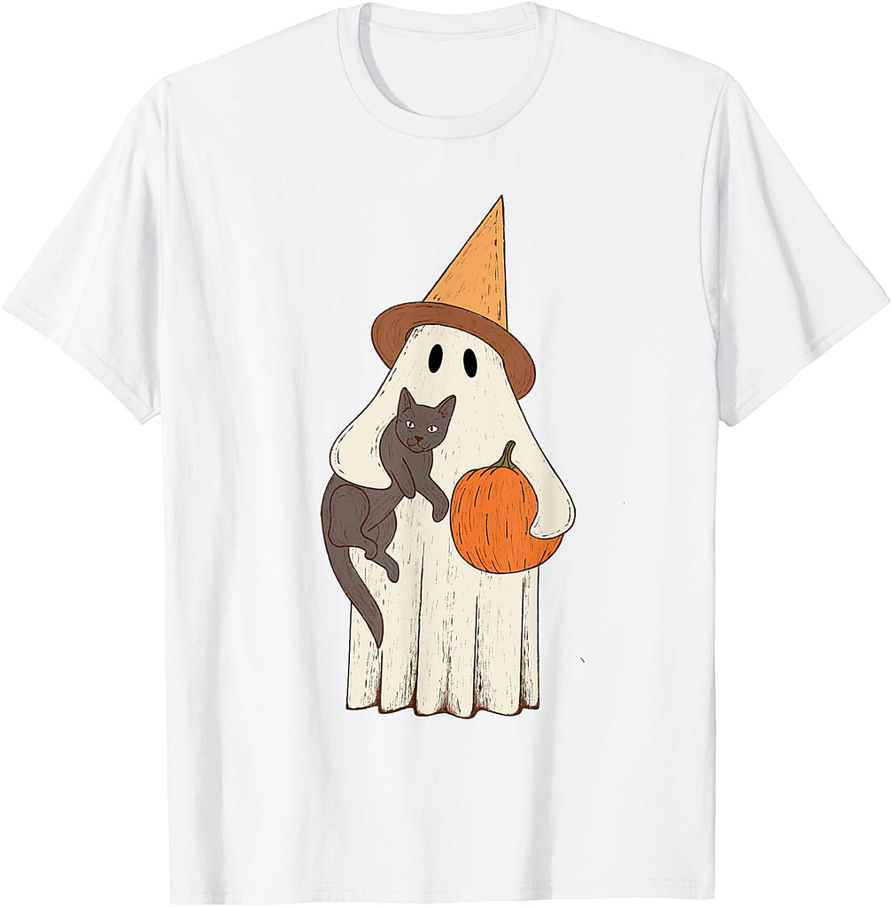 Vintage Ghost with Cat Halloween Graphic T-Shirt