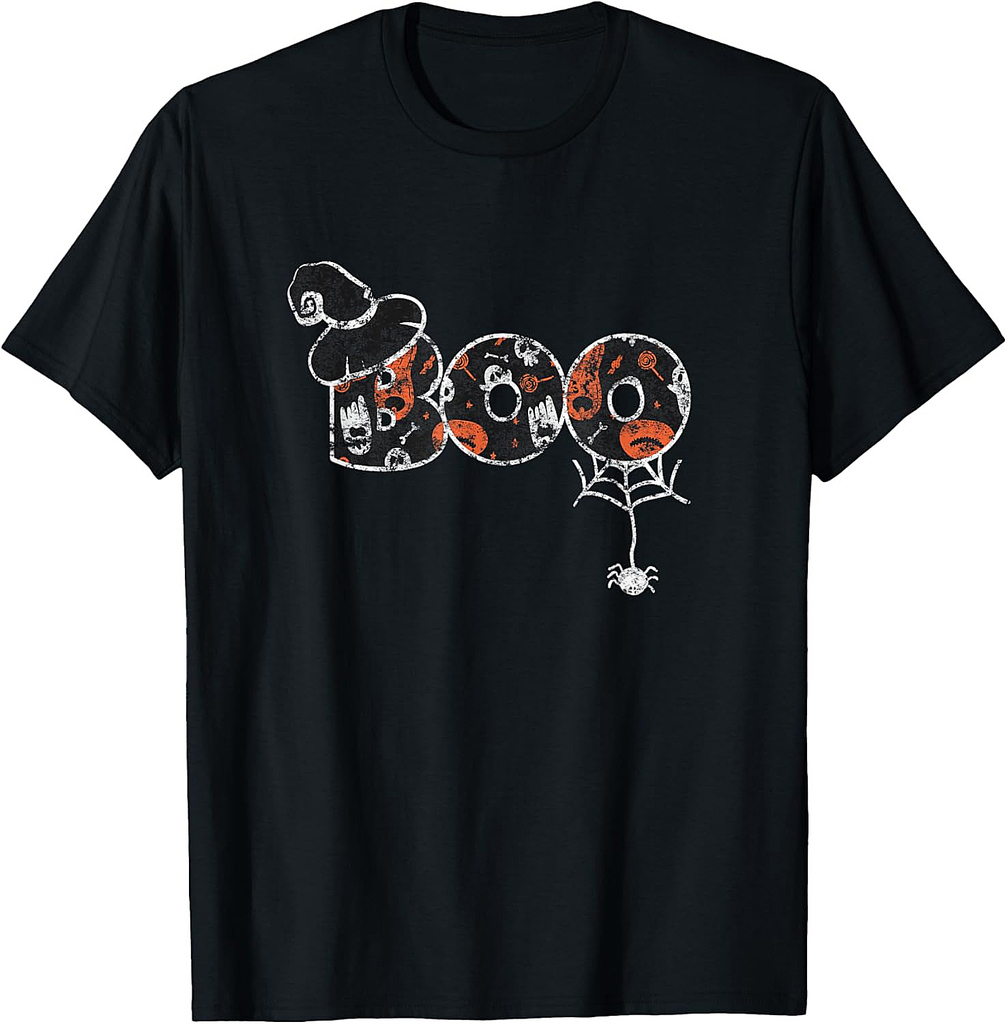 Vintage Halloween Boo Spider Skeleton Ghost Witch Hat Cute T-Shirt