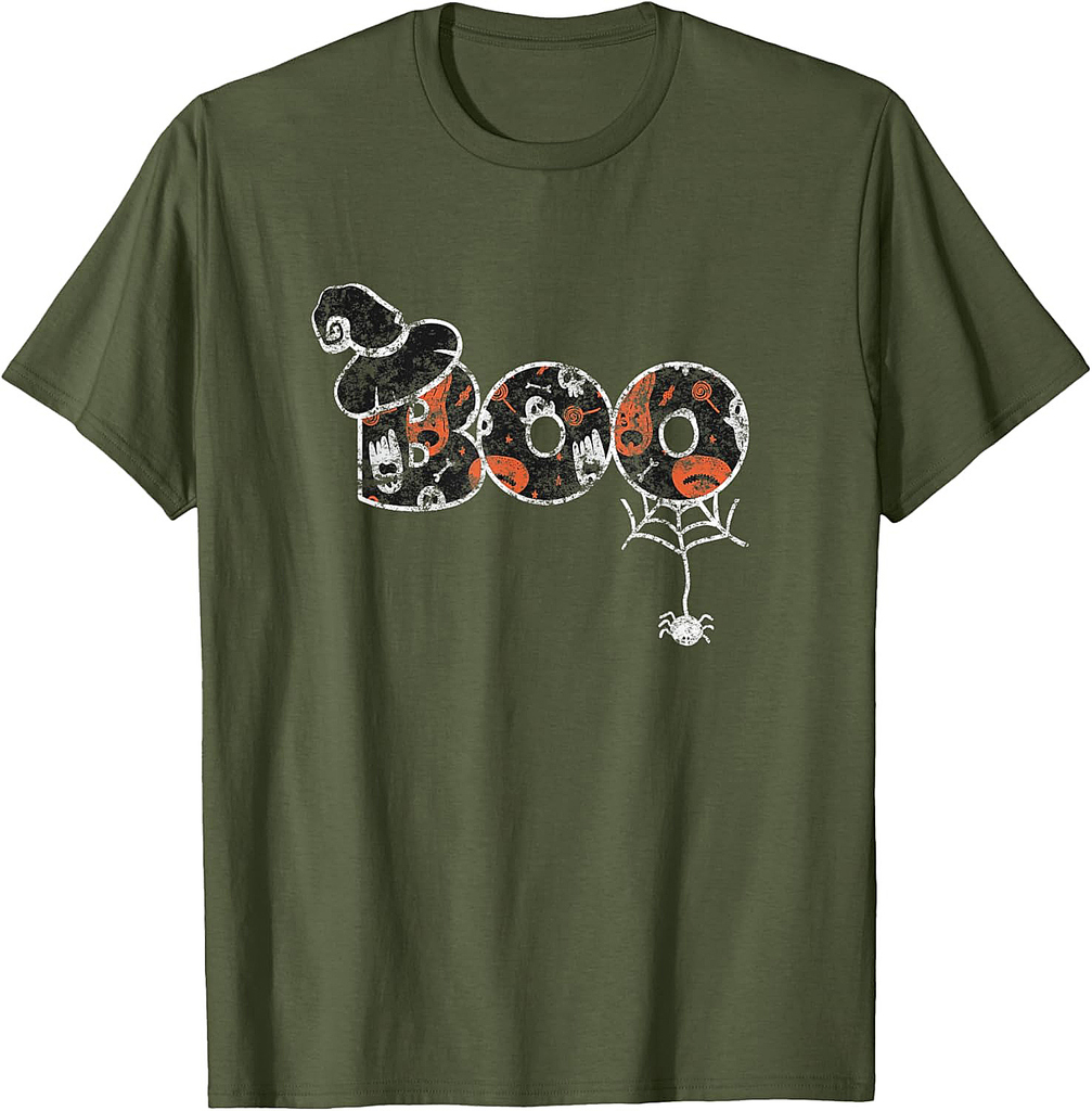 Vintage Halloween Boo Spider Skeleton Ghost Witch Hat Cute T-Shirt