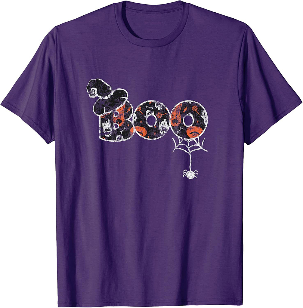 Vintage Halloween Boo Spider Skeleton Ghost Witch Hat Cute T-Shirt