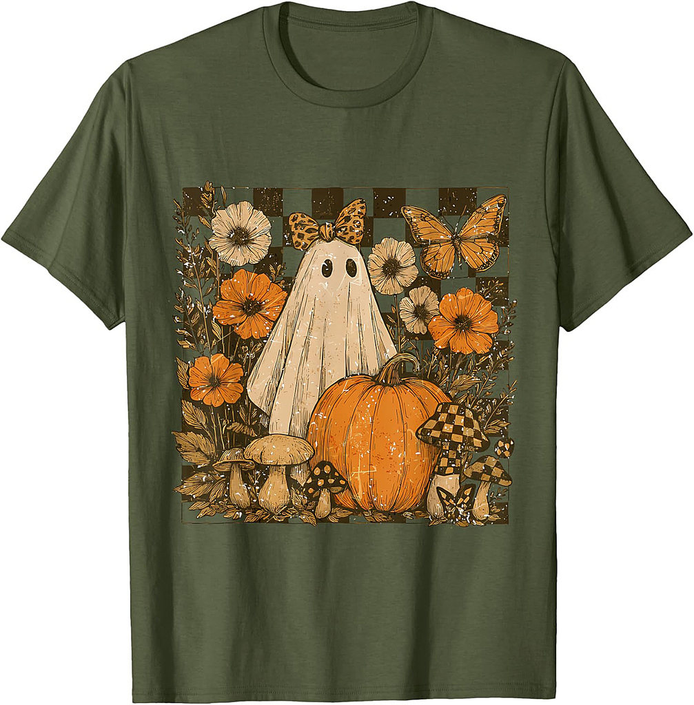 Vintage Halloween Ghost And Pumpkin Floral Women T-Shirt
