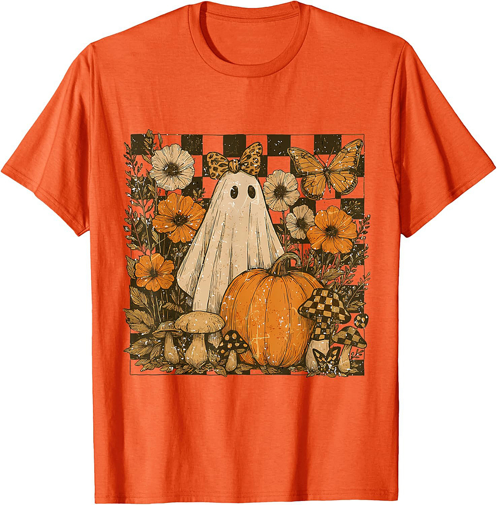 Vintage Halloween Ghost And Pumpkin Floral Women T-Shirt