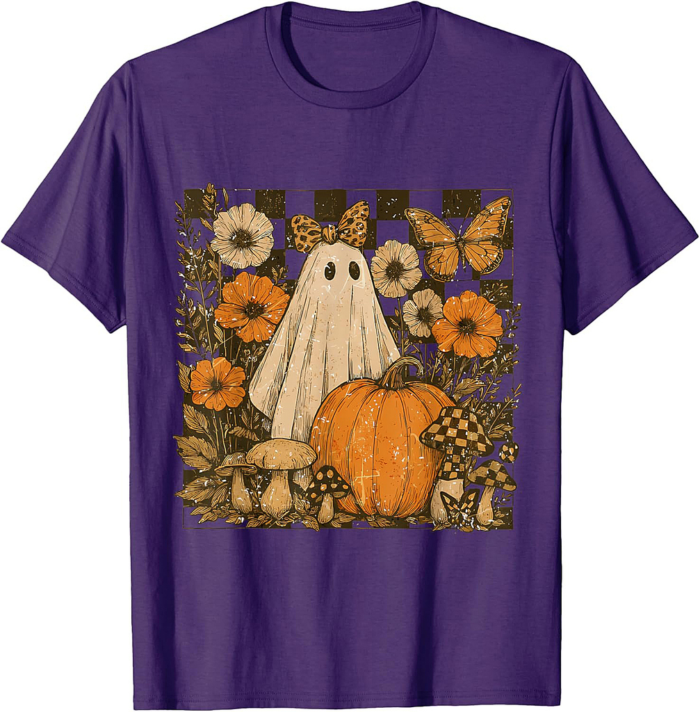 Vintage Halloween Ghost And Pumpkin Floral Women T-Shirt