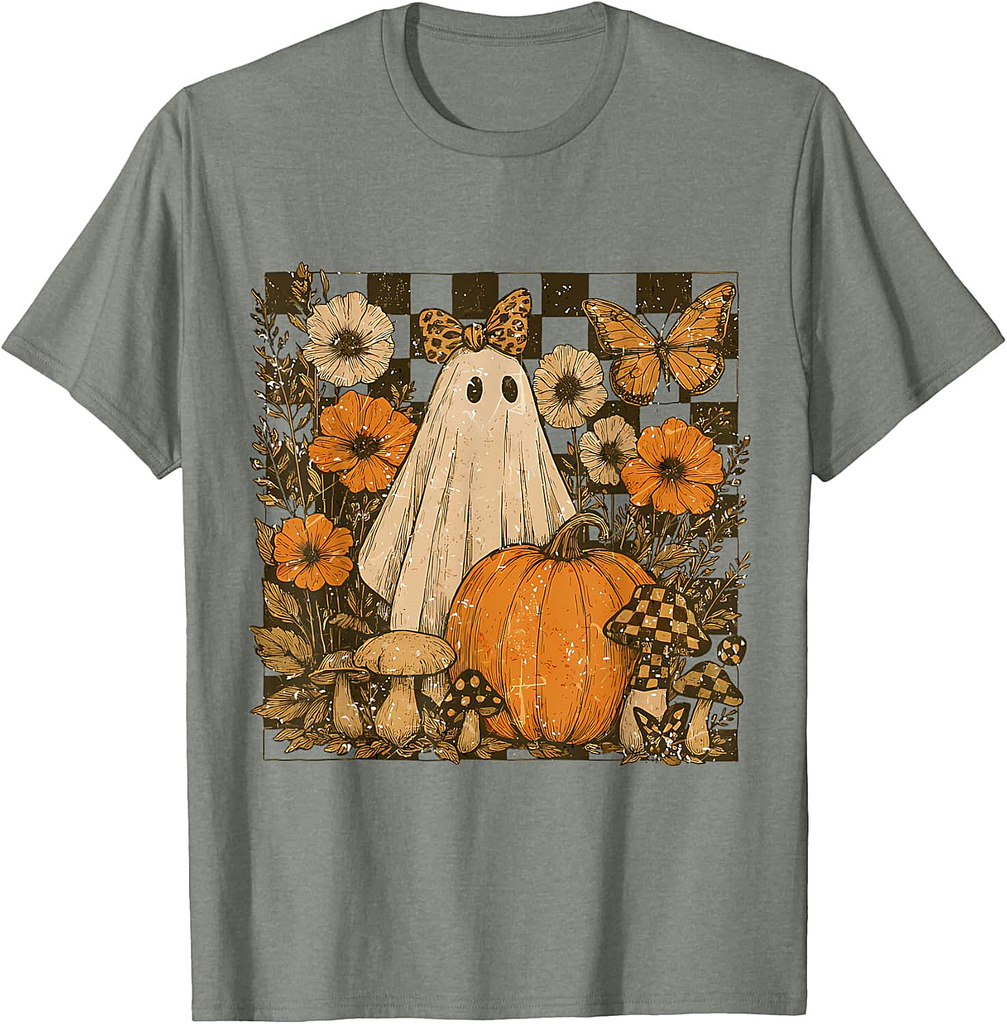 Vintage Halloween Ghost And Pumpkin Floral Women T-Shirt