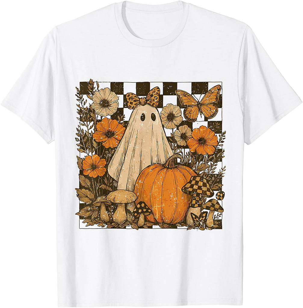 Vintage Halloween Ghost And Pumpkin Floral Women T-Shirt